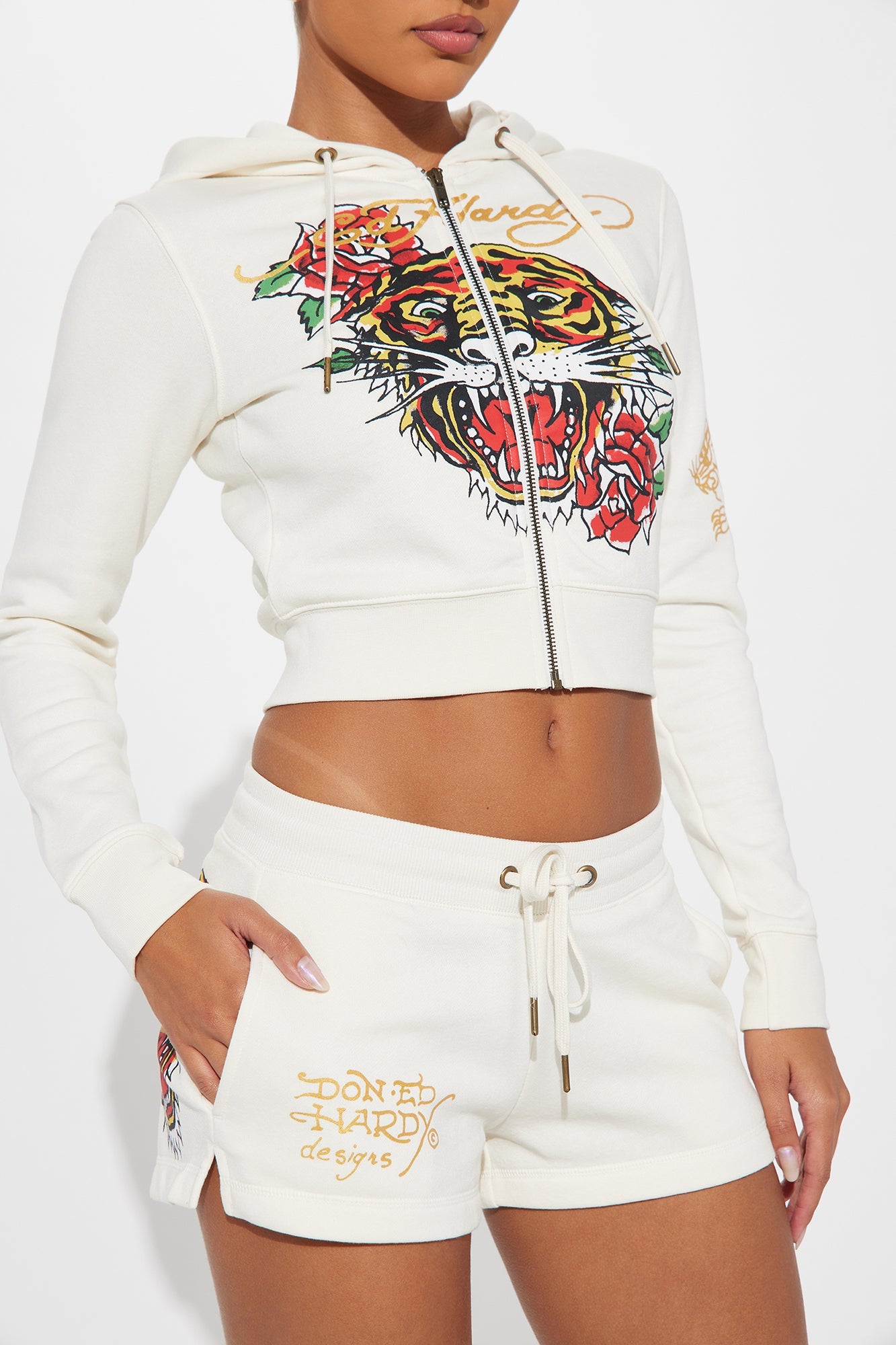 Ed Hardy Tiger Rose Short Set - Ivory