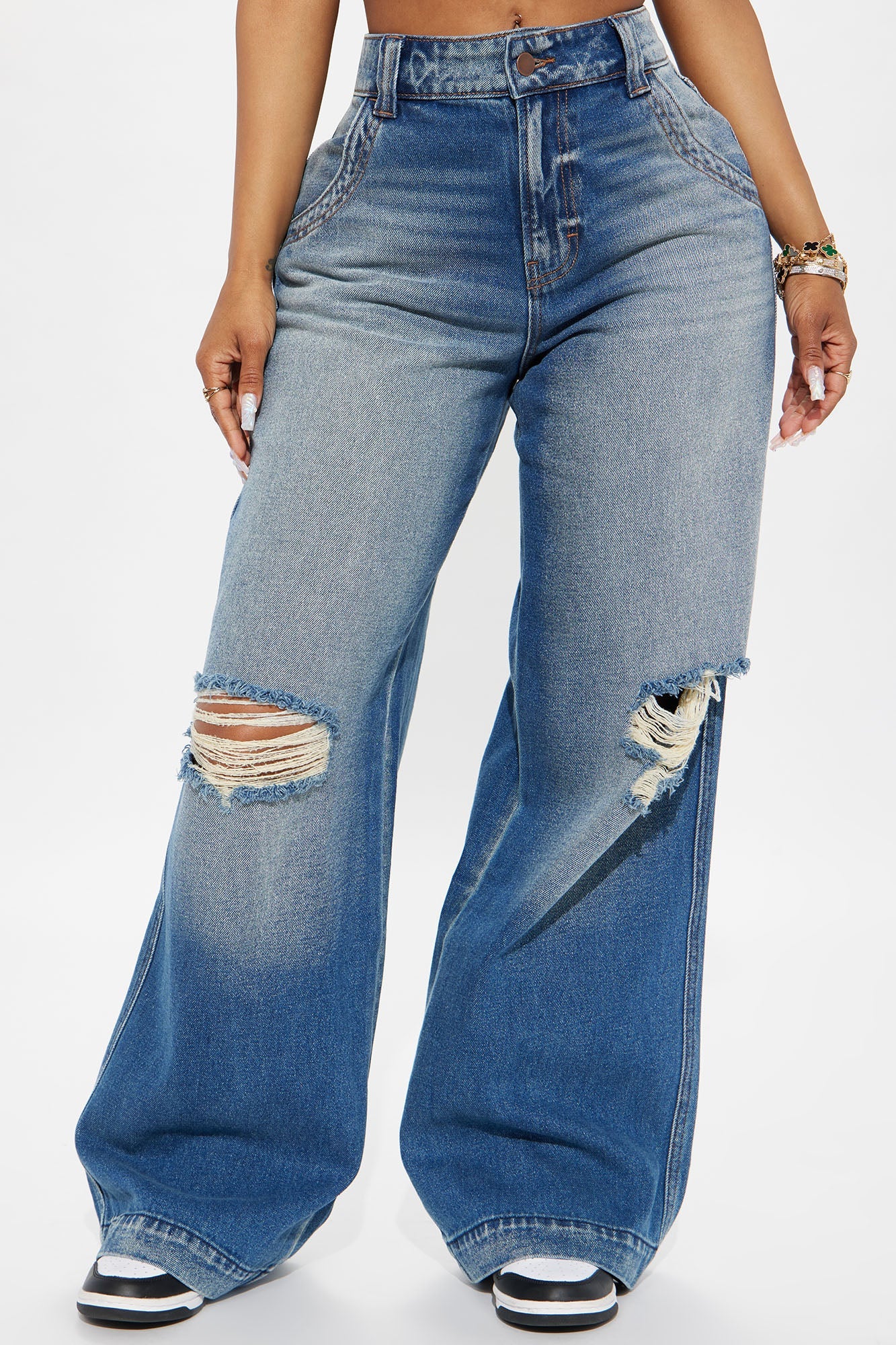 London Ripped Non Stretch Wide Leg Jeans - Medium Wash