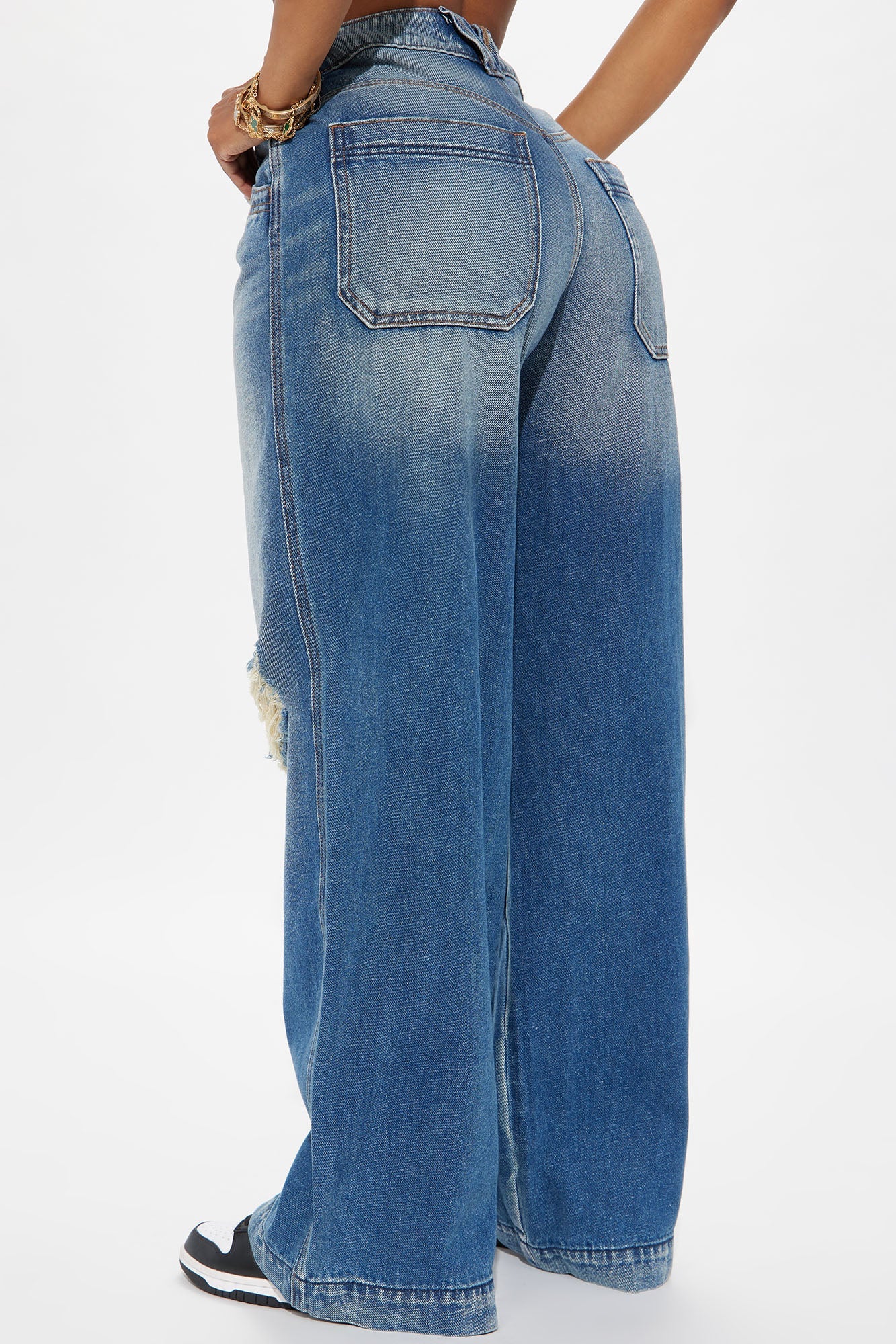 London Ripped Non Stretch Wide Leg Jeans - Medium Wash