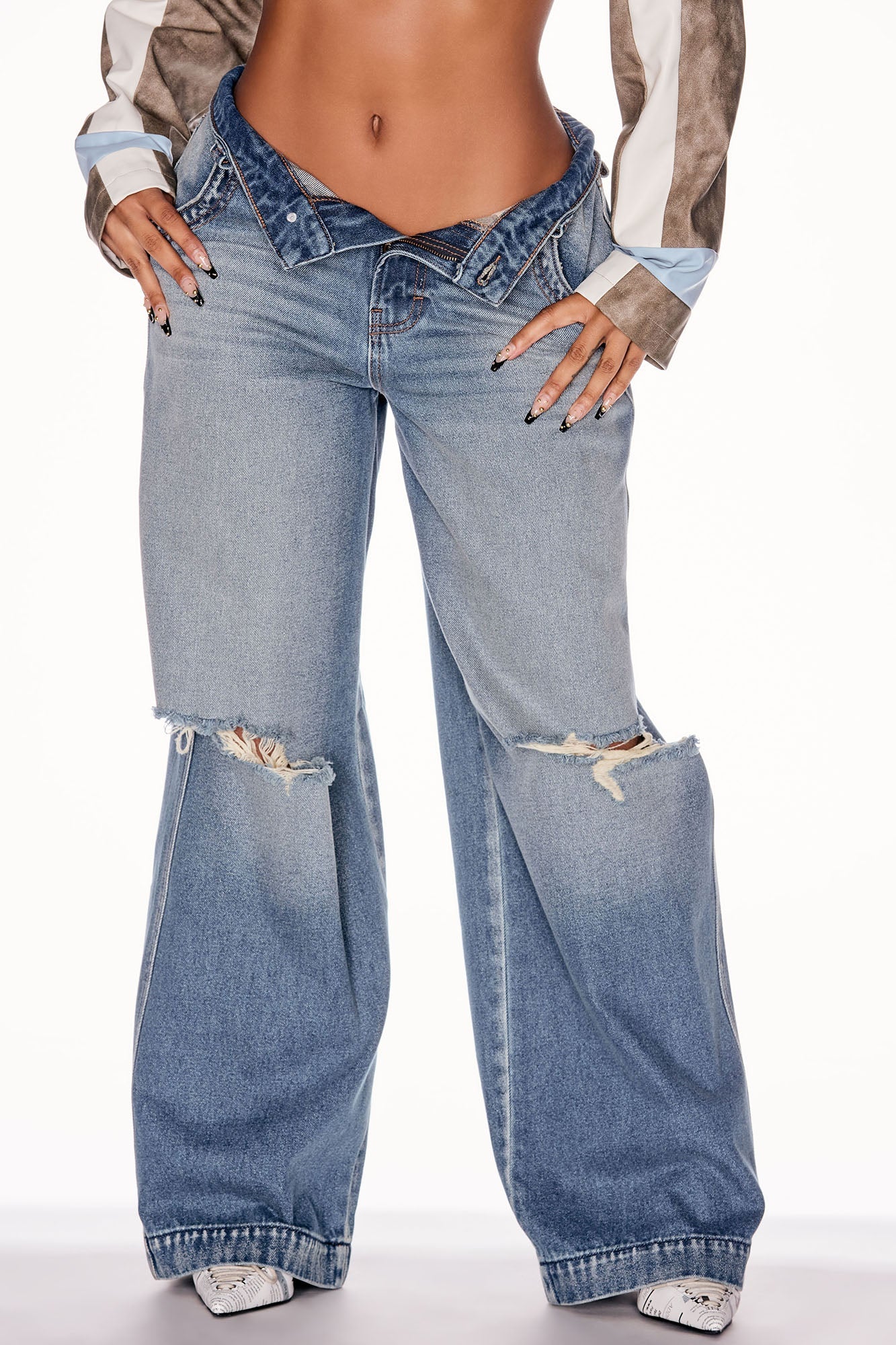 London Ripped Non Stretch Wide Leg Jeans - Medium Wash