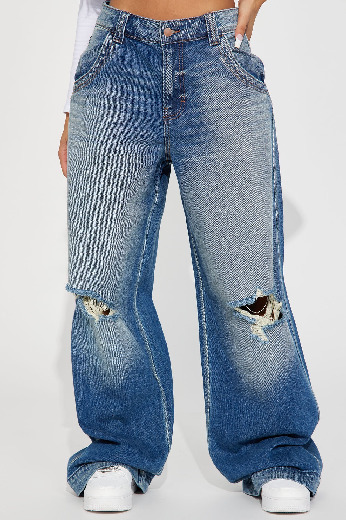 London Ripped Non Stretch Wide Leg Jeans - Medium Wash