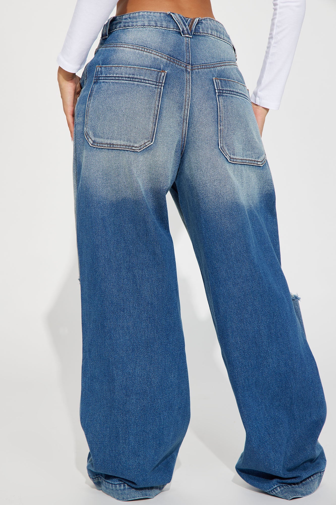 London Ripped Non Stretch Wide Leg Jeans - Medium Wash