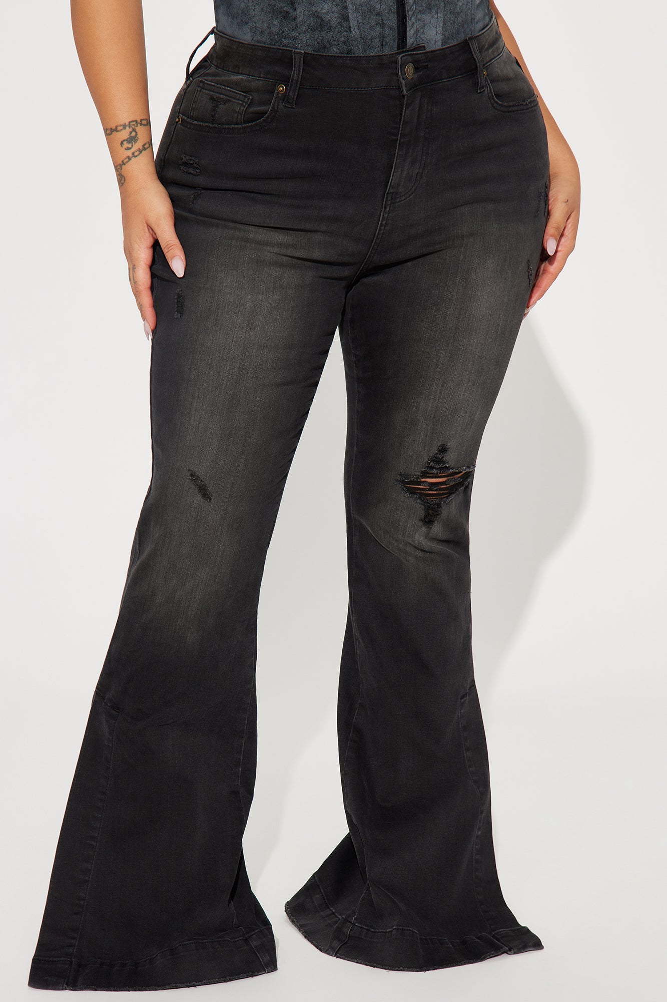 Tamara Tinted Stretch Split Hem Flare Jeans - Black Wash