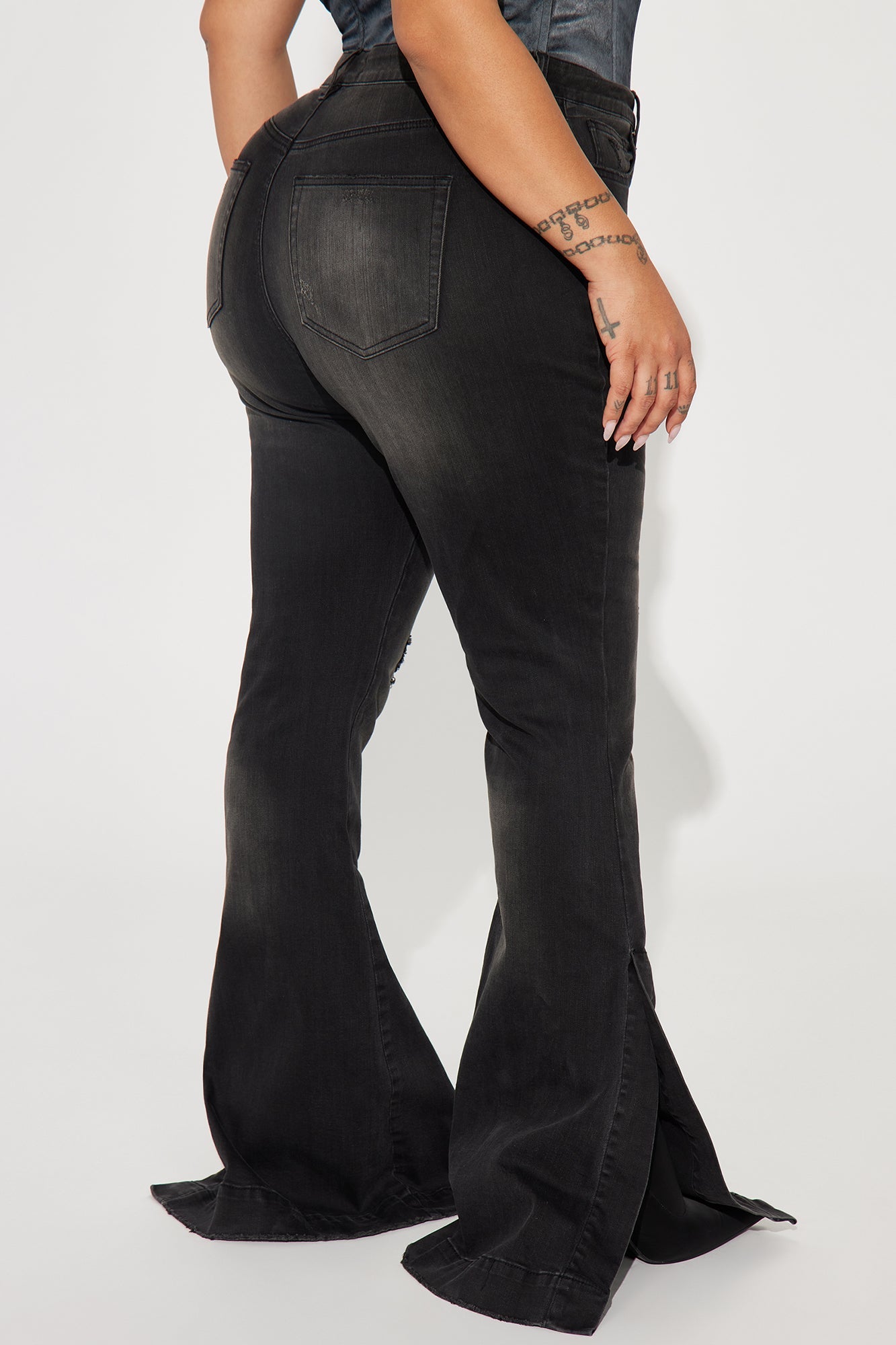 Tamara Tinted Stretch Split Hem Flare Jeans - Black Wash