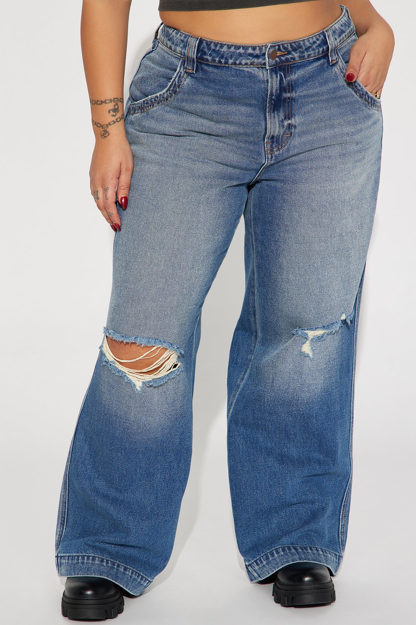 London Ripped Non Stretch Wide Leg Jeans - Medium Wash