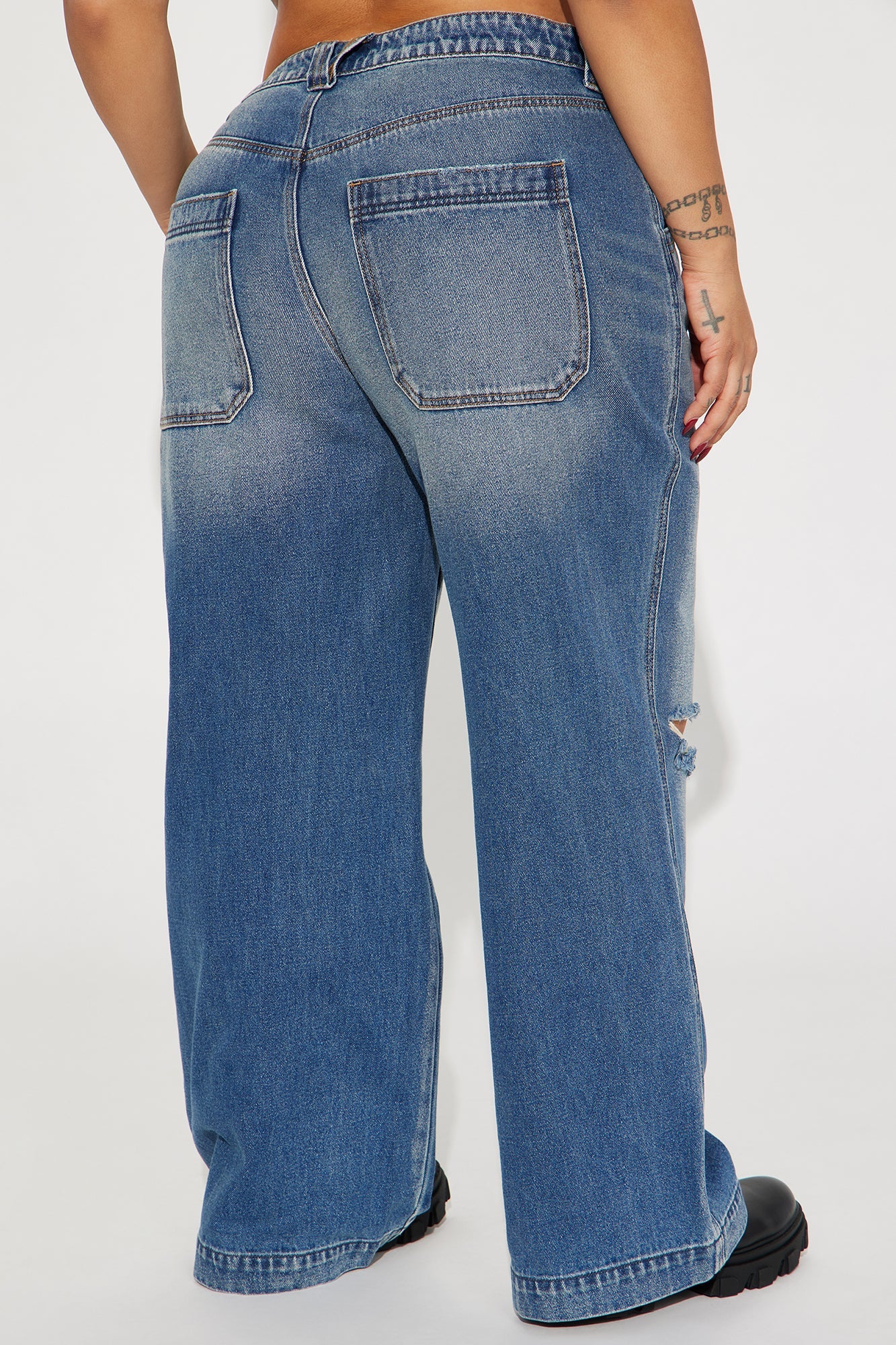 London Ripped Non Stretch Wide Leg Jeans - Medium Wash