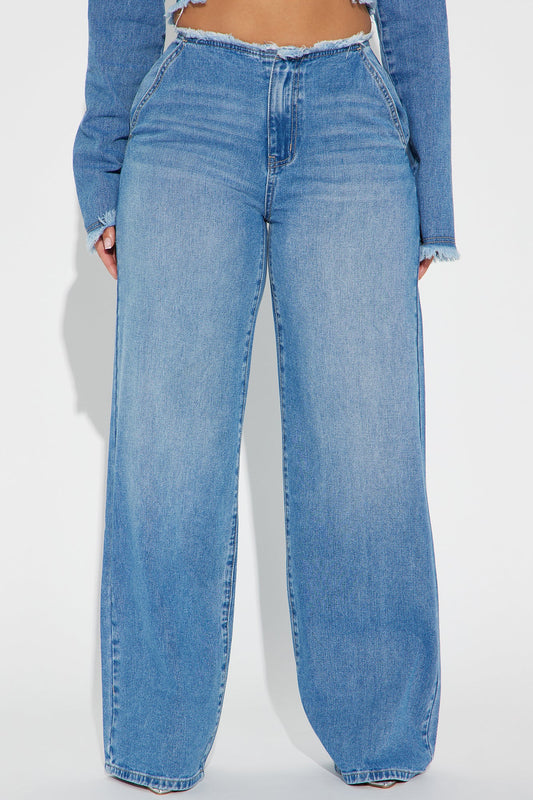 It's Just Business Cut Off Waistband Baggy Jeans - Medium Wash