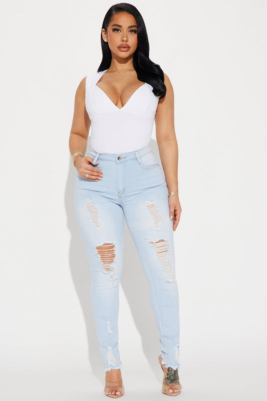 Kenley Distressed HIgh Rise Skinny Jeans - Light Blue Wash