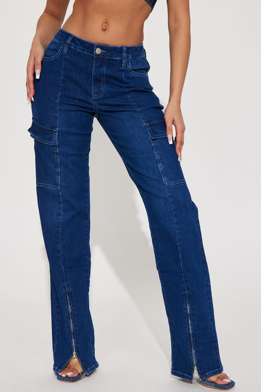 On Another Level Split Hem Stretch Cargo Jean - Dark Wash