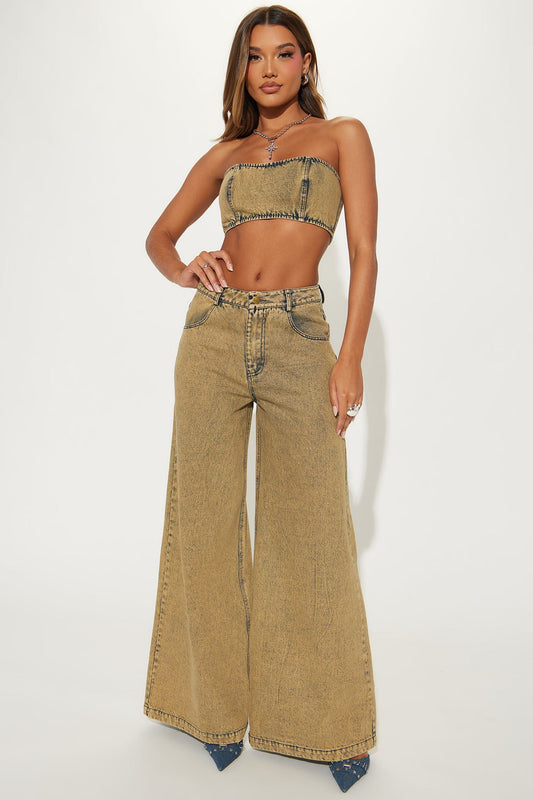In Your Lane Denim Pant Set - Vintage Wash