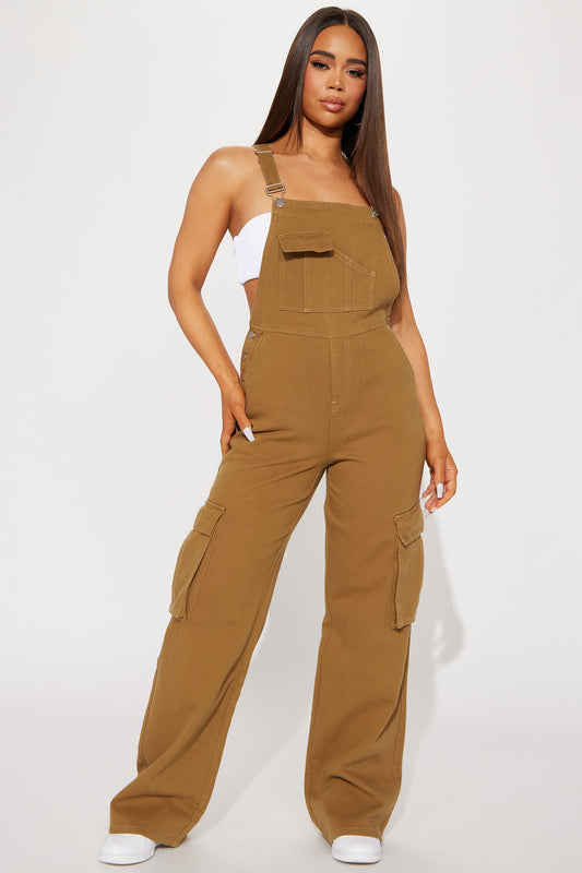 Heaven On Earth Cargo Non Stretch Denim Overalls - Khaki