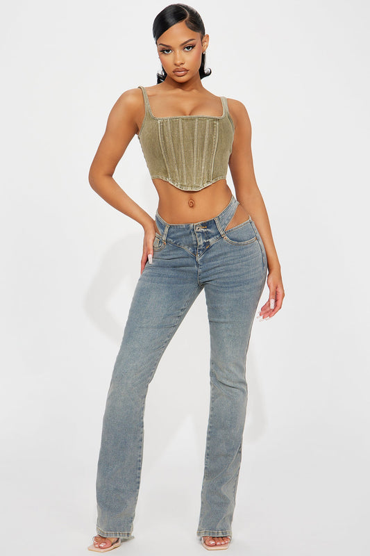 Cause A Scene Cut Out Stretch Bootcut Jean - Vintage Blue Wash