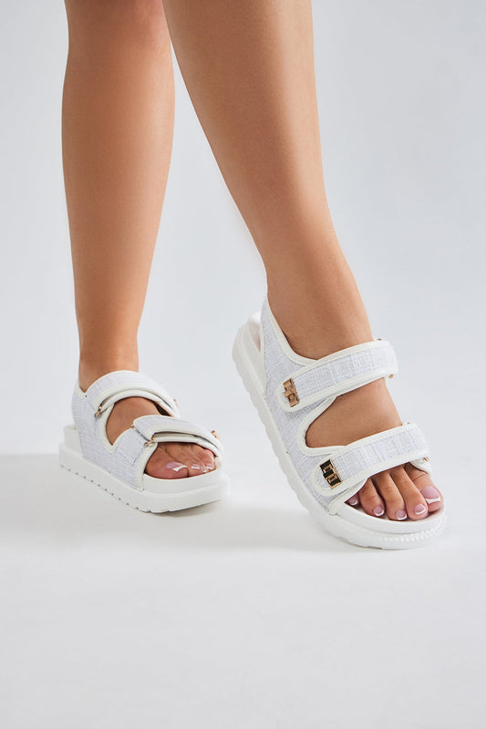 Don't Wait Long Tweed Flat Sandals - White