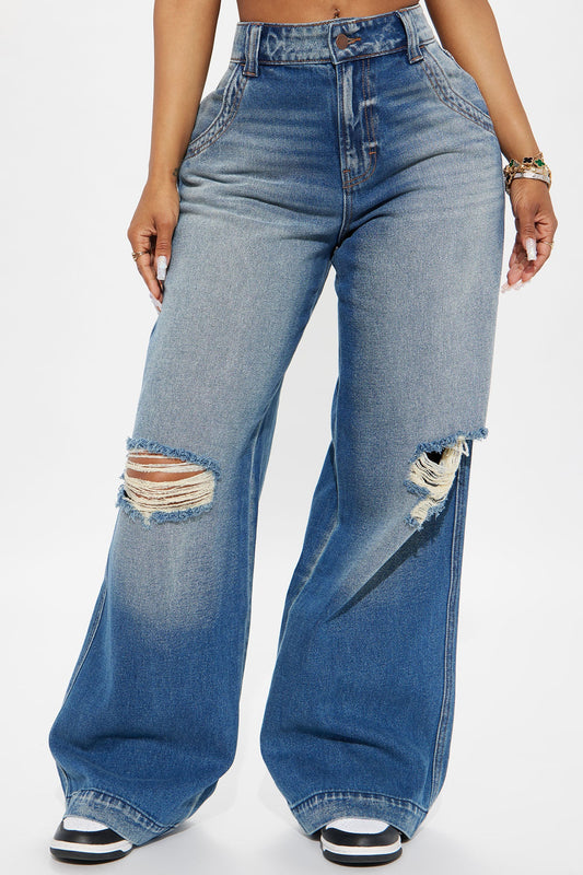 London Ripped Non Stretch Wide Leg Jeans - Medium Wash