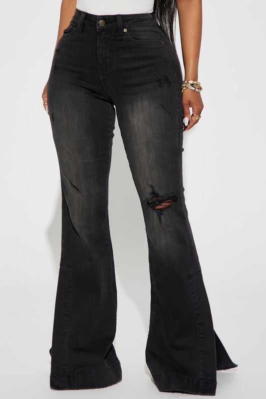 Tamara Tinted Stretch Split Hem Flare Jeans - Black Wash