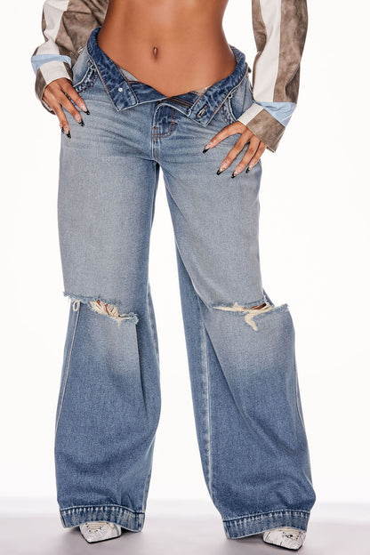London Ripped Non Stretch Wide Leg Jeans - Medium Wash