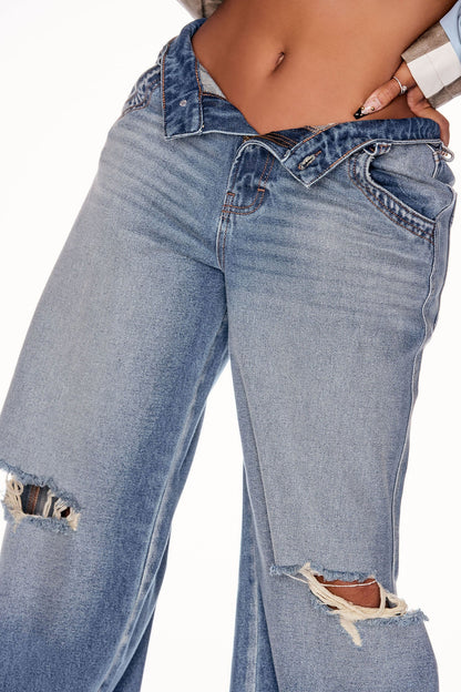 London Ripped Non Stretch Wide Leg Jeans - Medium Wash