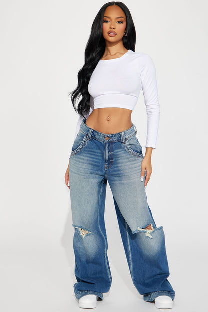 London Ripped Non Stretch Wide Leg Jeans - Medium Wash