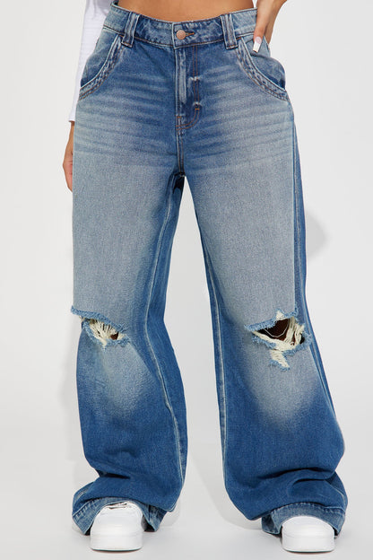 London Ripped Non Stretch Wide Leg Jeans - Medium Wash