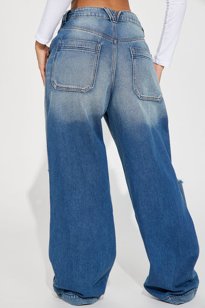 London Ripped Non Stretch Wide Leg Jeans - Medium Wash