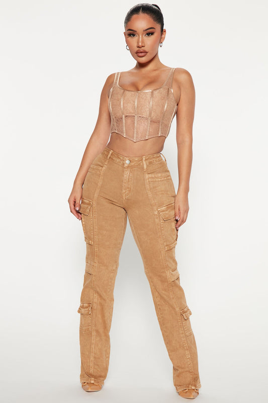 Main Squeeze Mid Rise Straight Leg Cargo Jeans - Khaki