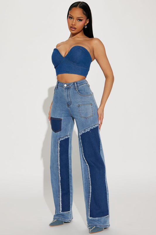 Passing Time Patchwork Baggy Jeans - Medium Wash