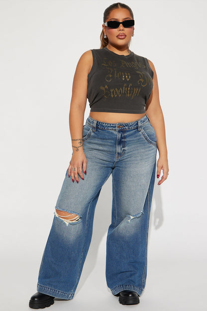 London Ripped Non Stretch Wide Leg Jeans - Medium Wash
