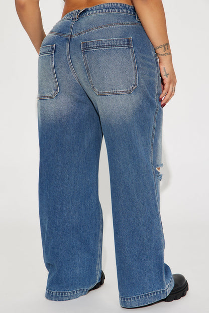 London Ripped Non Stretch Wide Leg Jeans - Medium Wash